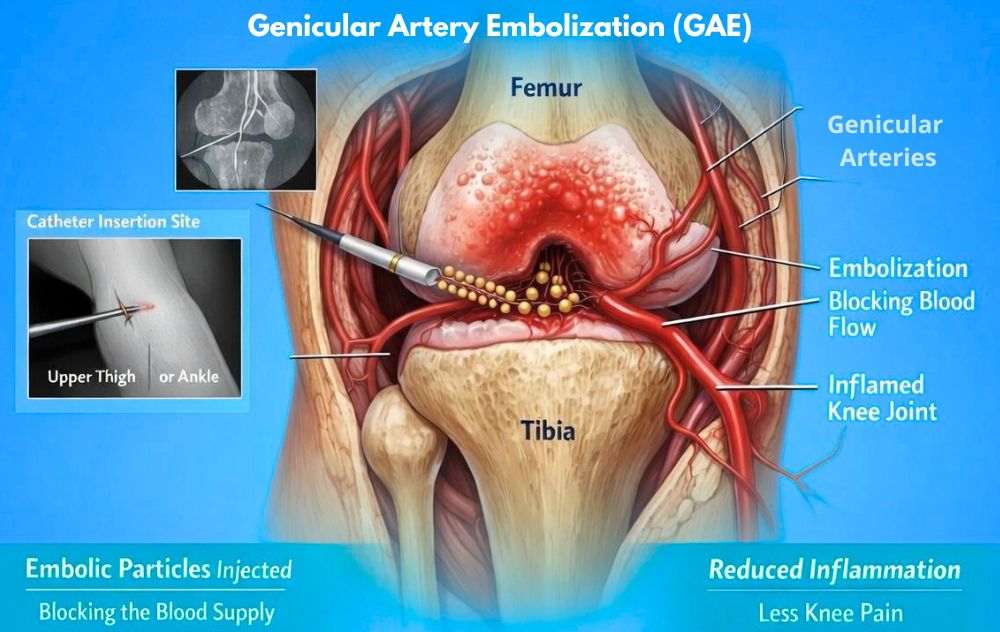 Image showing how genicular artery embolization (GAE) procedure works for knee pain treatment